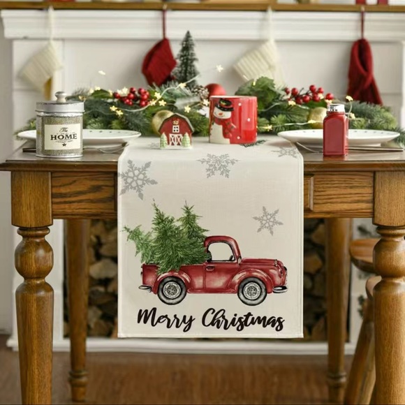 1Pc Christmas Truck, Trees and Snowflake Table Runner White Background - Picture 2 of 4